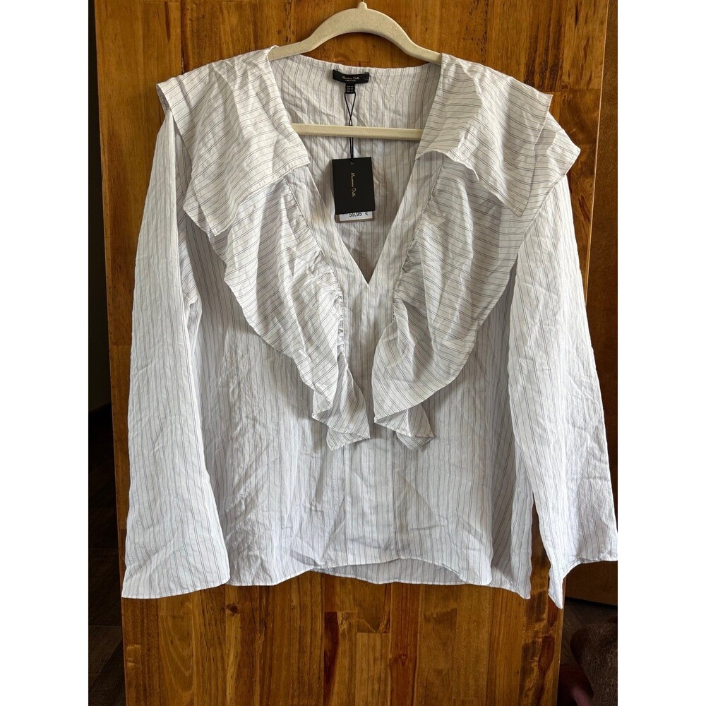 Massimo Dutti Ruffle Blouse Sz. Medium NWT White & Blue